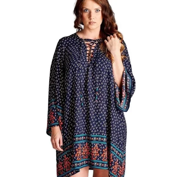 Velzera Border Print Floral Bohemian Dress, Blue - Picture 3 of 4